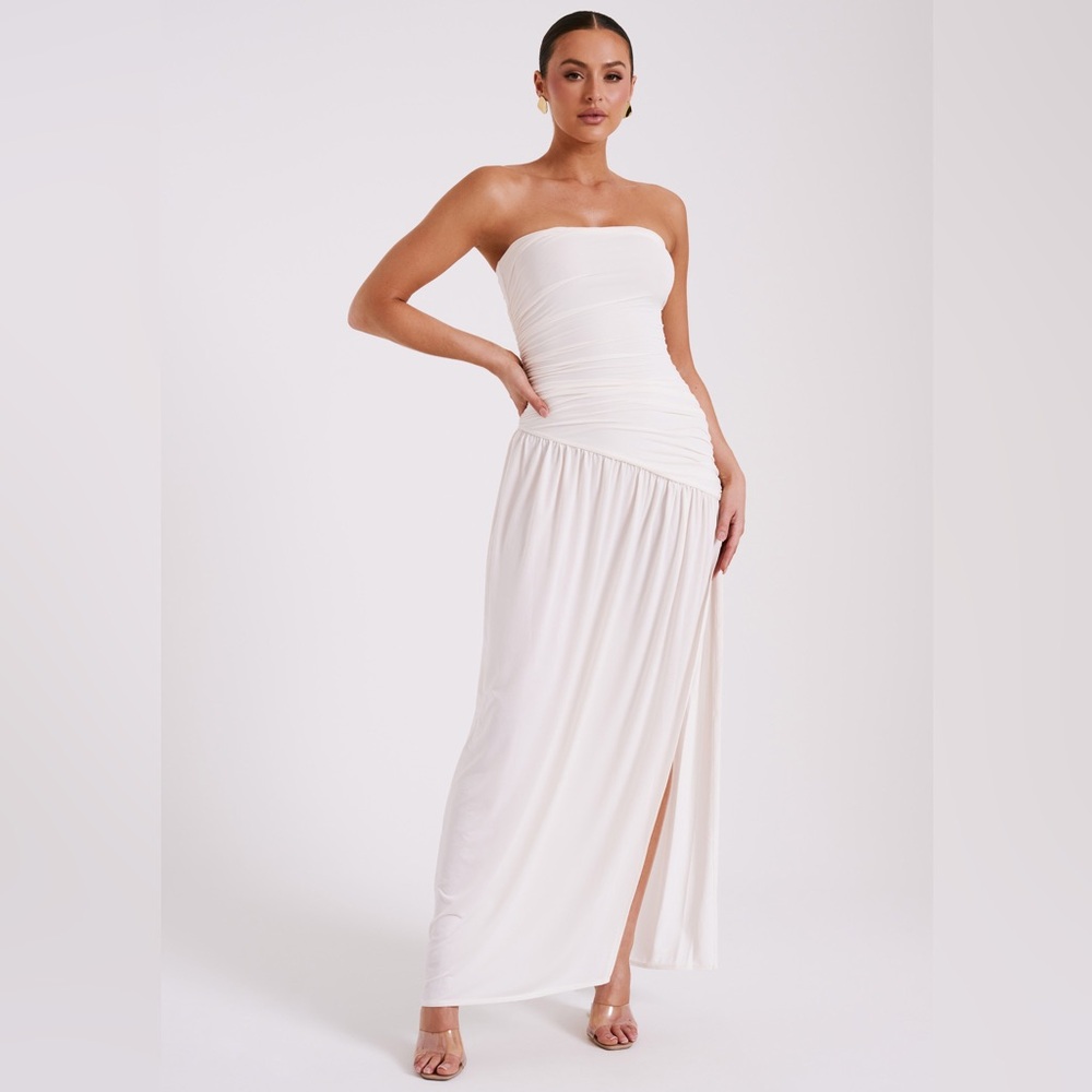Meshki Strapless Ruched Maxi Dress with slit